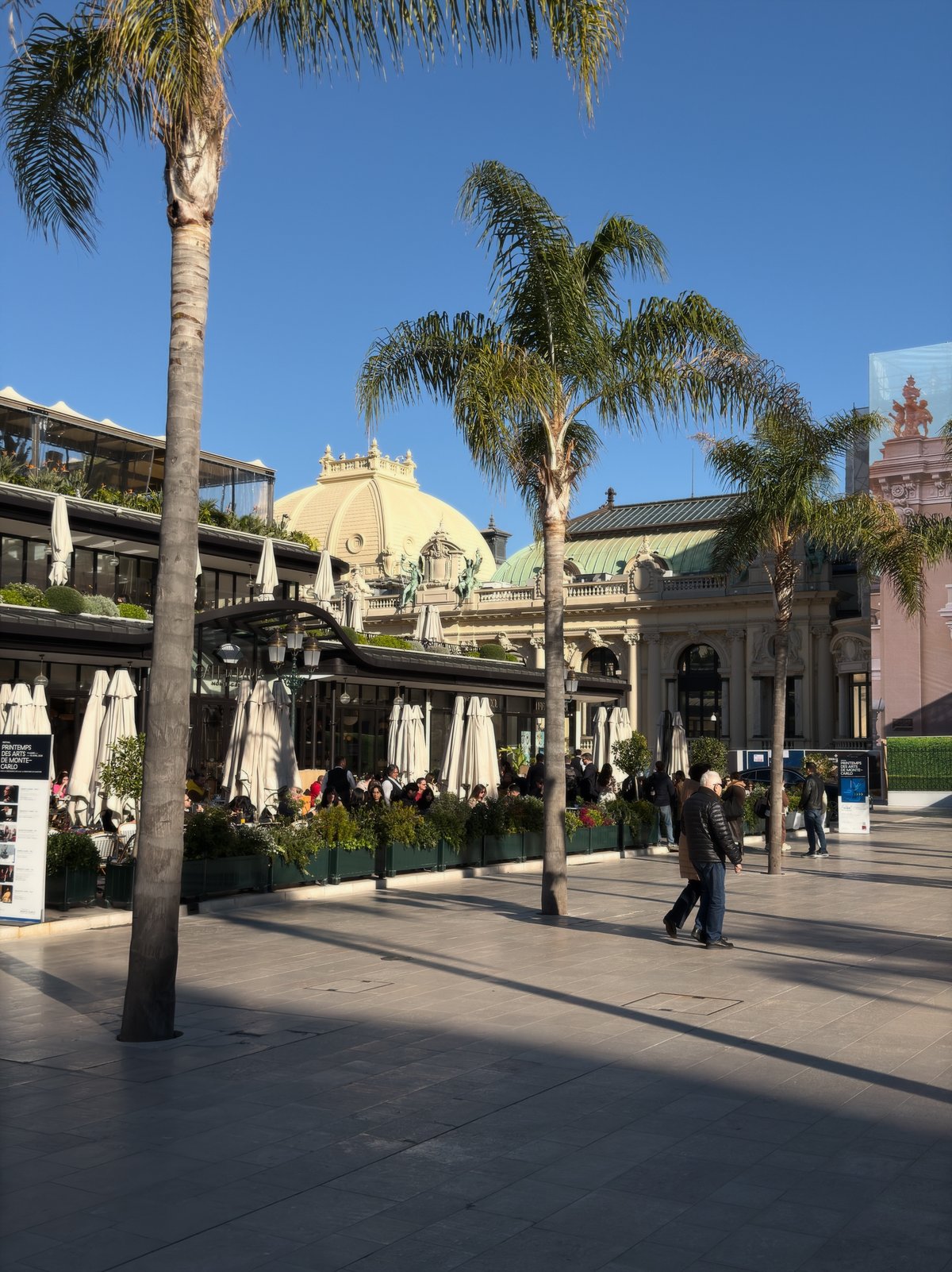 Piazza del Casinò di Monte-Carlo, Monaco, con le palme e i tavolini all'aperto